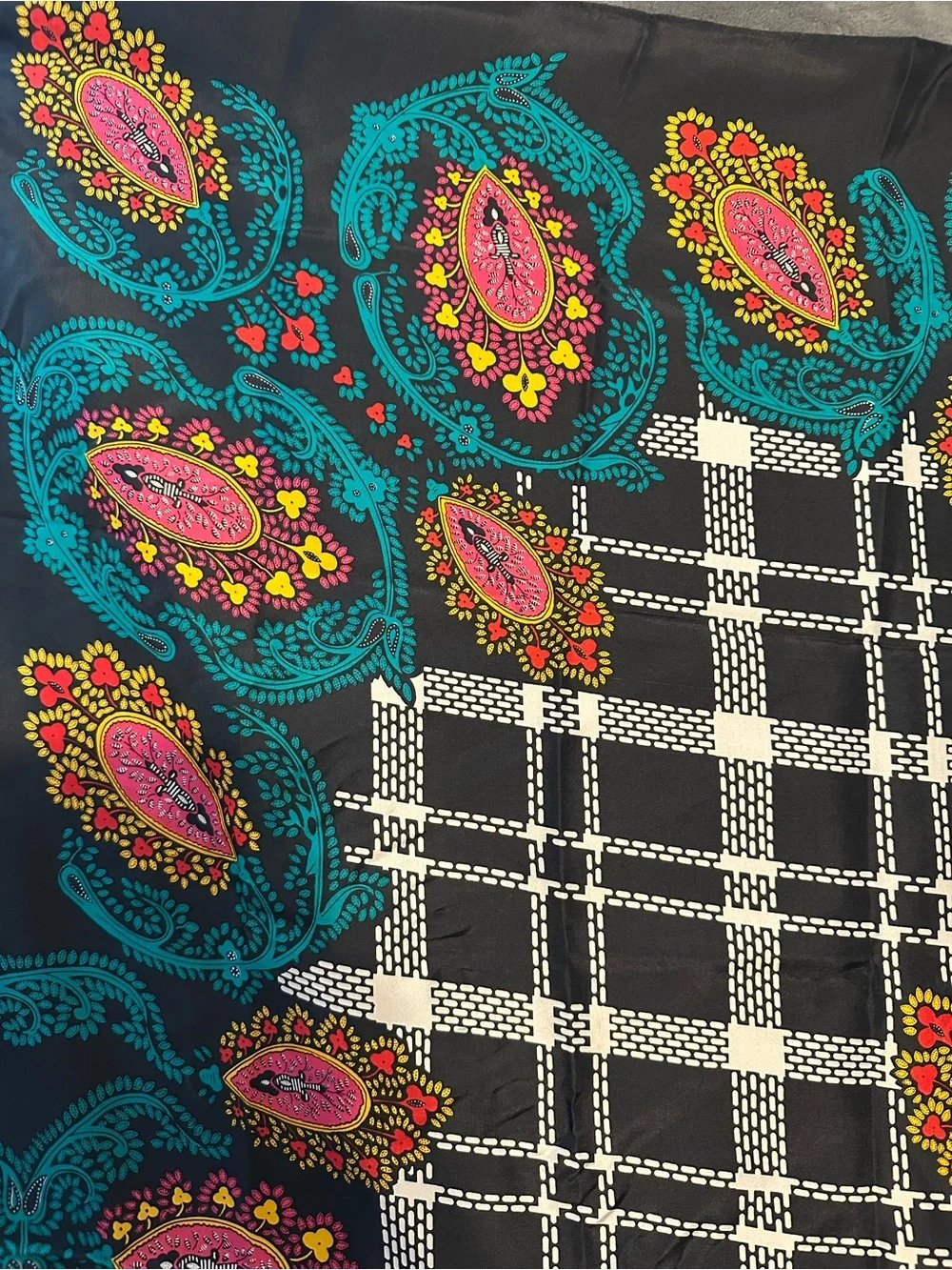 Vintage Diane Von Furstenberg Black Scarf with Teal, Pink & Yellow Paisley Plaid